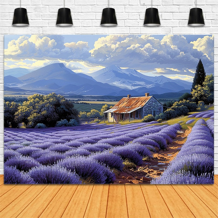 Purple Lavender Fields Surrounding Rustic Farmhouse Backdrop UK BRP9-154