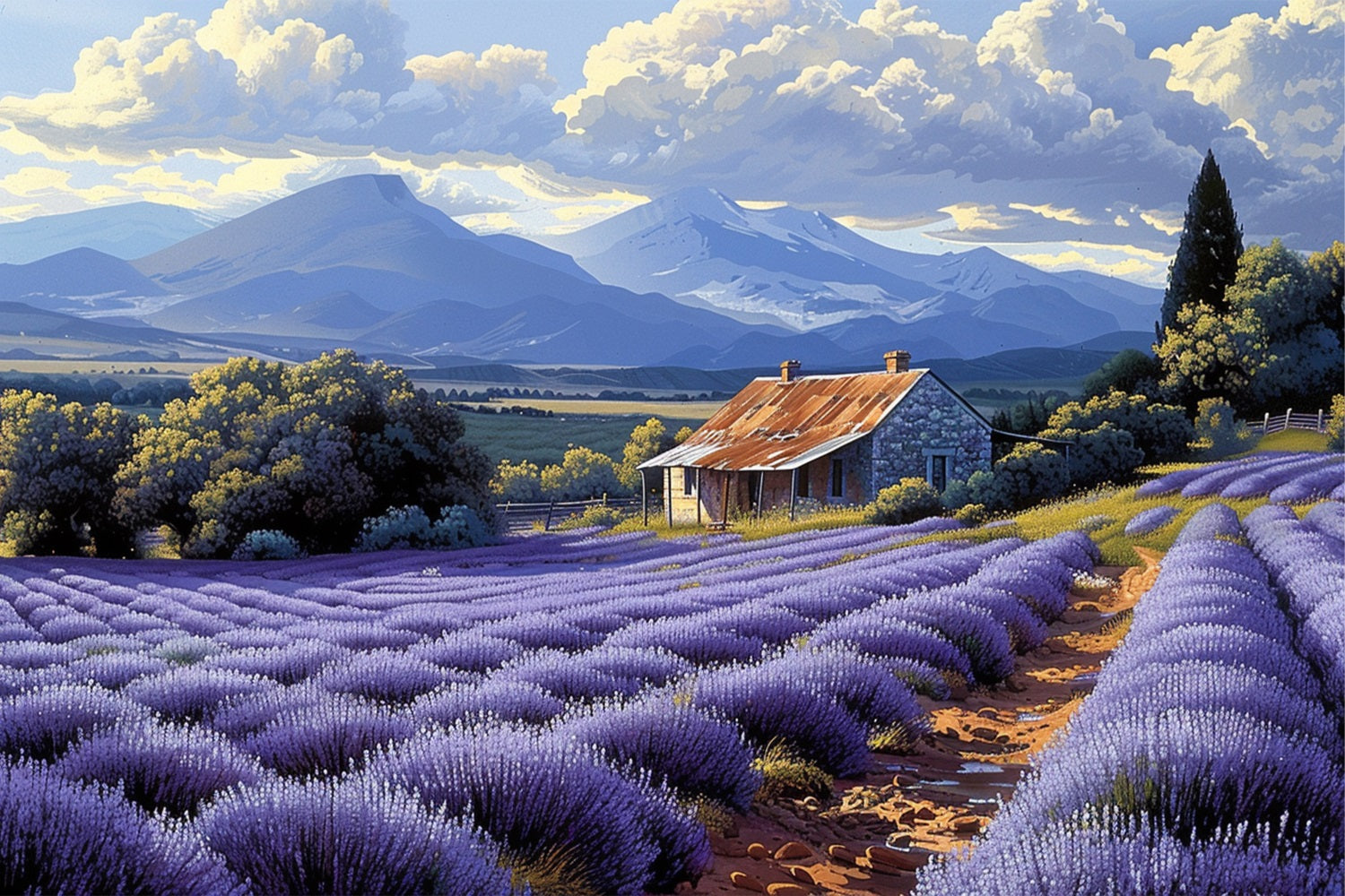 Purple Lavender Fields Surrounding Rustic Farmhouse Backdrop UK BRP9-154