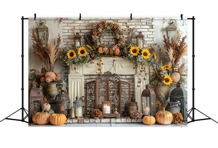 Autumn Harvest Fireplace Pumpkins Sunflowers Backdrop UK BRP9-156