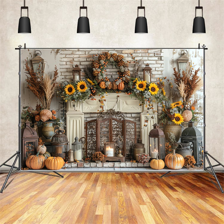 Autumn Harvest Fireplace Pumpkins Sunflowers Backdrop UK BRP9-156