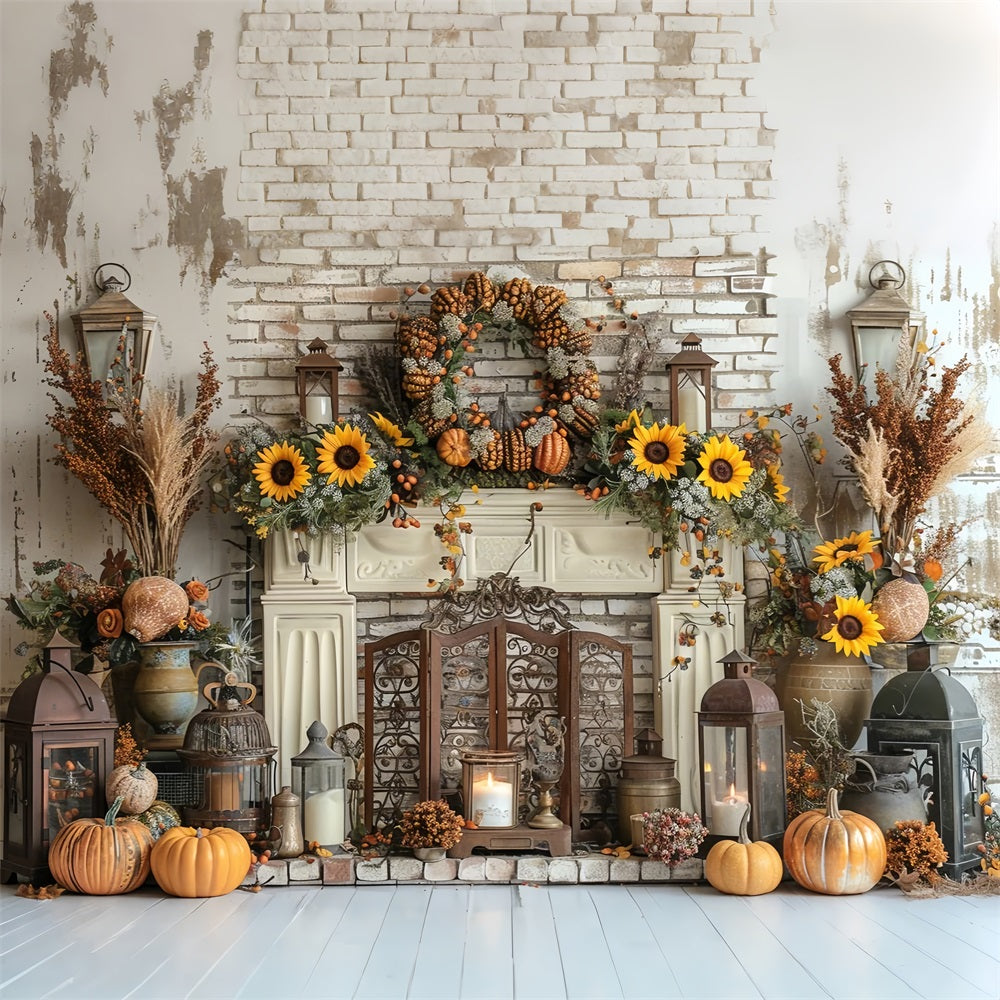 Autumn Harvest Fireplace Pumpkins Sunflowers Backdrop UK BRP9-156