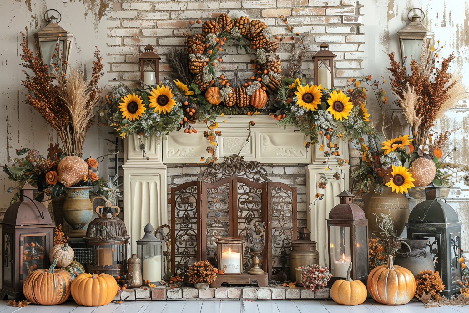 Autumn Harvest Fireplace Pumpkins Sunflowers Backdrop UK BRP9-156