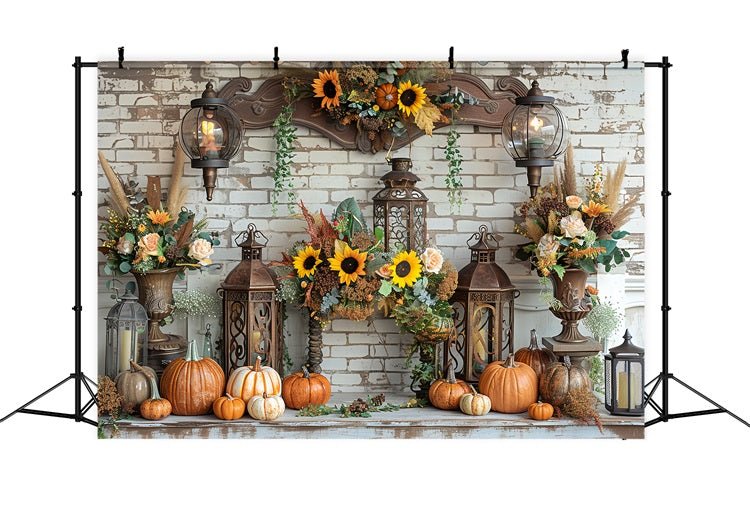 Vintage Lanterns Pumpkins on Fall-Themed Mantel Backdrop UK BRP9-157