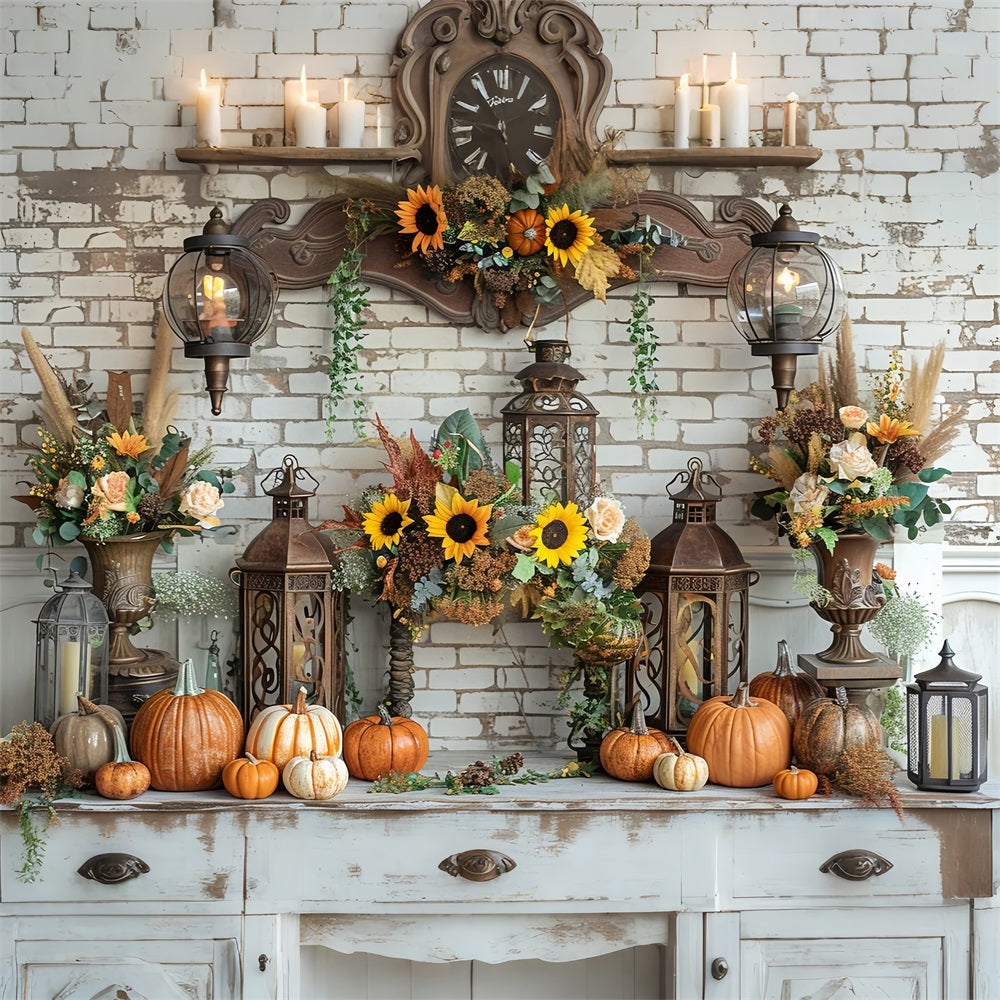 Vintage Lanterns Pumpkins on Fall-Themed Mantel Backdrop UK BRP9-157