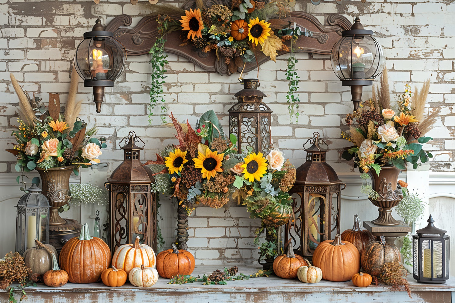 Vintage Lanterns Pumpkins on Fall-Themed Mantel Backdrop UK BRP9-157