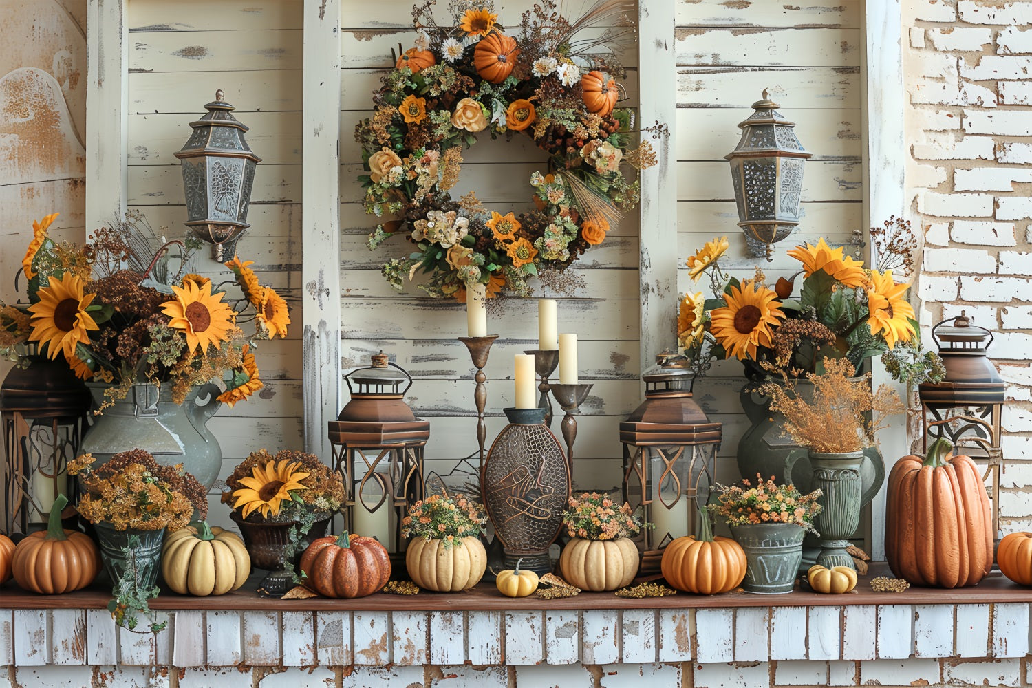 Fall Harvest Mantel Pumpkin Wreath Sunflowers Backdrop UK BRP9-158