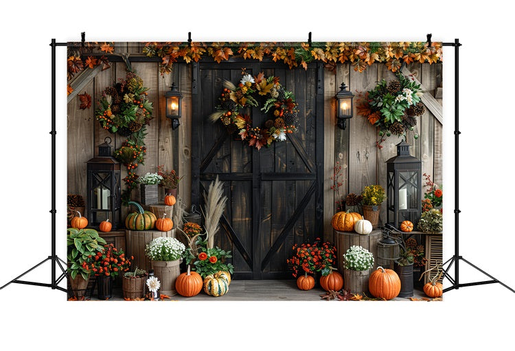 Charming Barn Door Wreaths Fall Harvest Pumpkins Backdrop UK BRP9-165