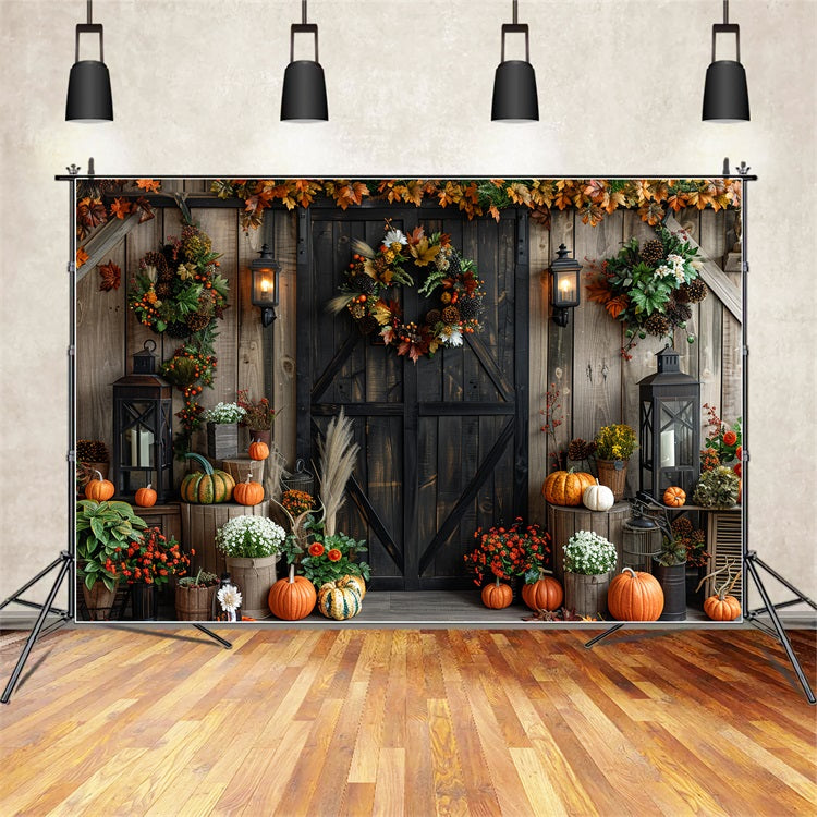 Charming Barn Door Wreaths Fall Harvest Pumpkins Backdrop UK BRP9-165