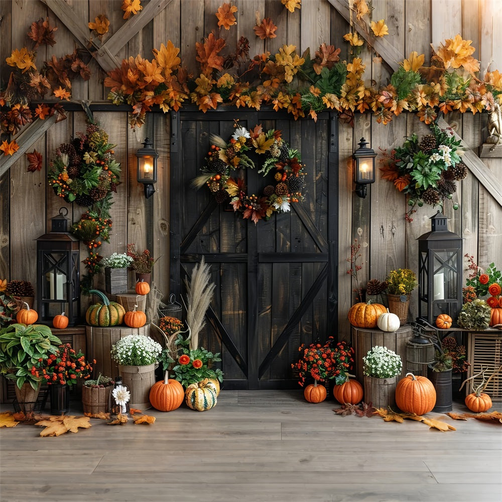 Charming Barn Door Wreaths Fall Harvest Pumpkins Backdrop UK BRP9-165