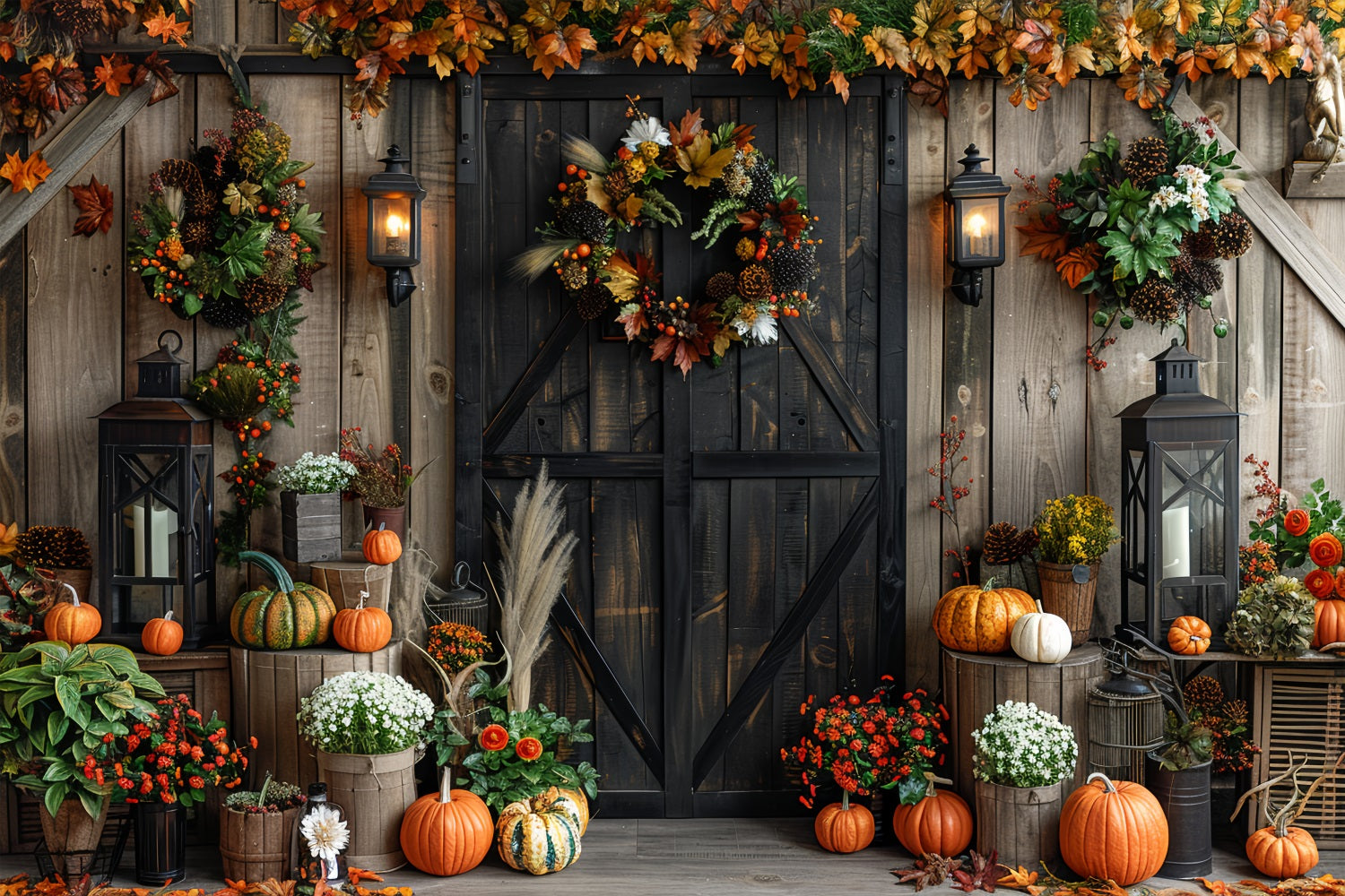 Charming Barn Door Wreaths Fall Harvest Pumpkins Backdrop UK BRP9-165