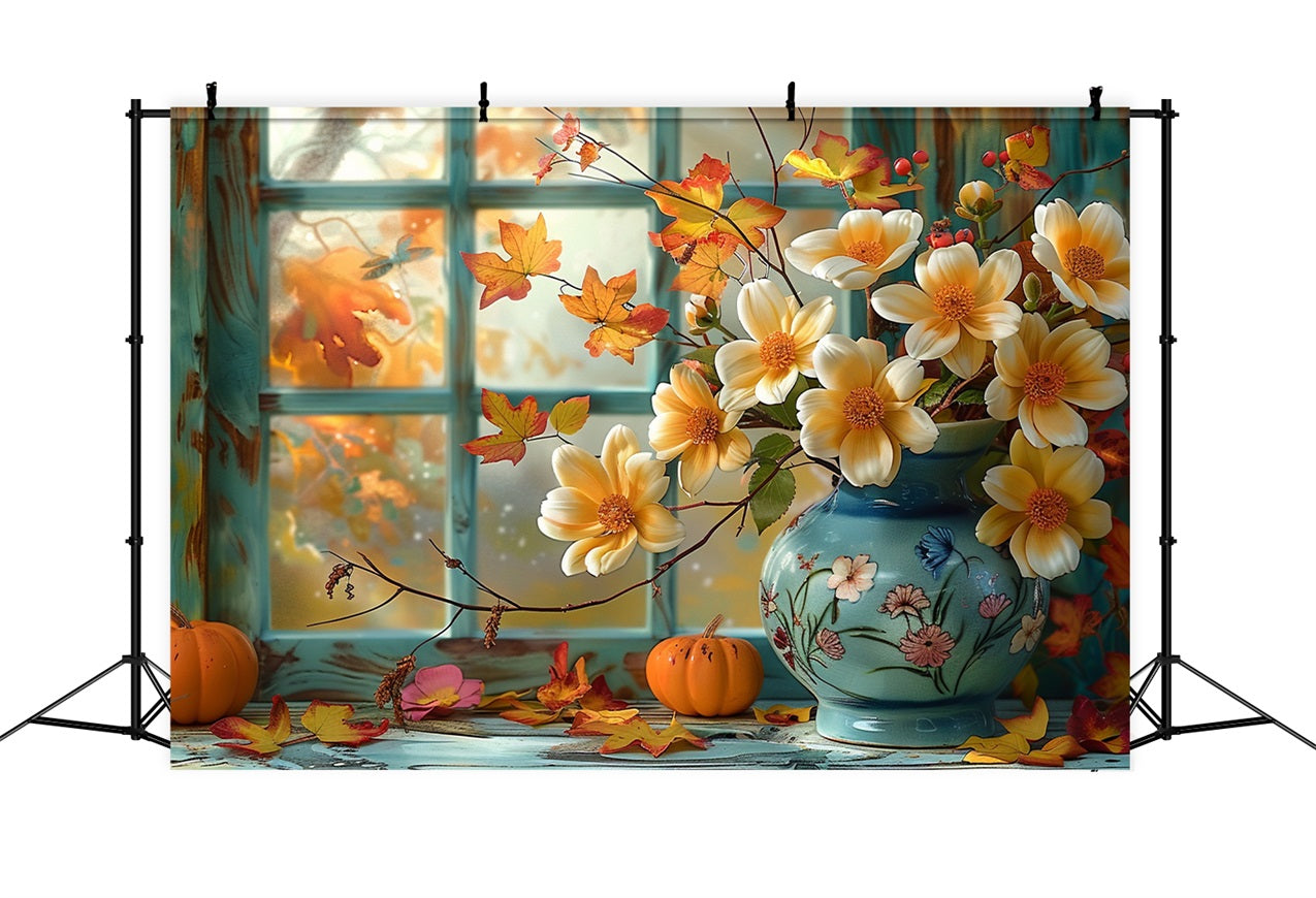 Autumn Window Scene Pumpkin Flowers Backdrop UK BRP9-168