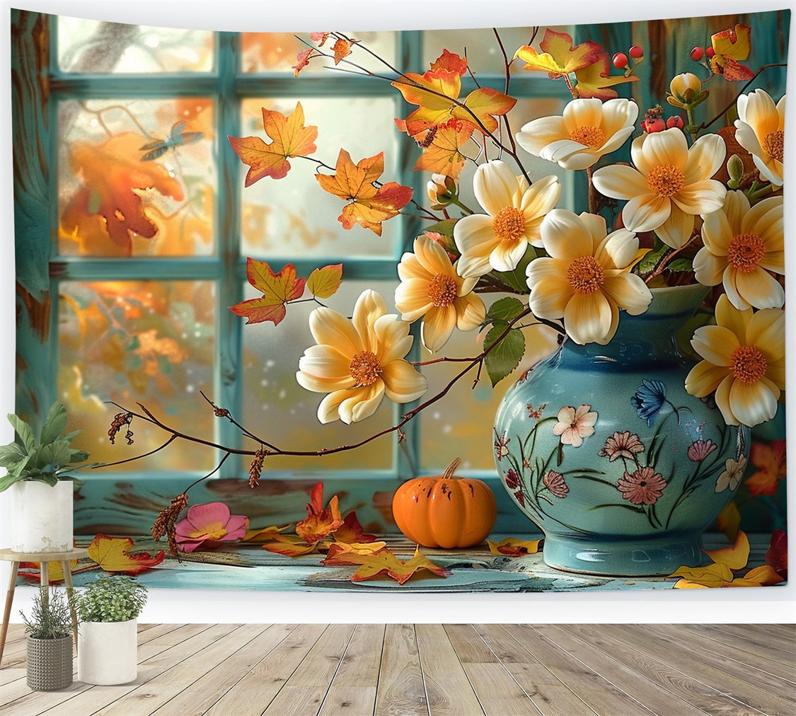 Autumn Window Scene Pumpkin Flowers Backdrop UK BRP9-168