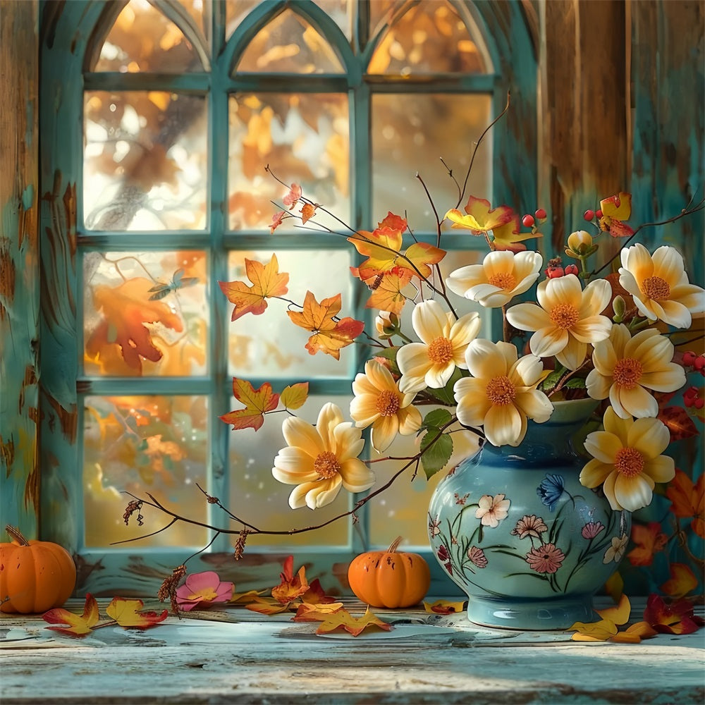 Autumn Window Scene Pumpkin Flowers Backdrop UK BRP9-168