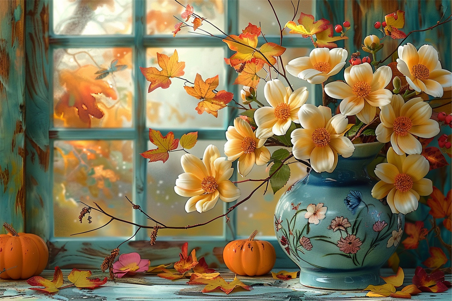 Autumn Window Scene Pumpkin Flowers Backdrop UK BRP9-168