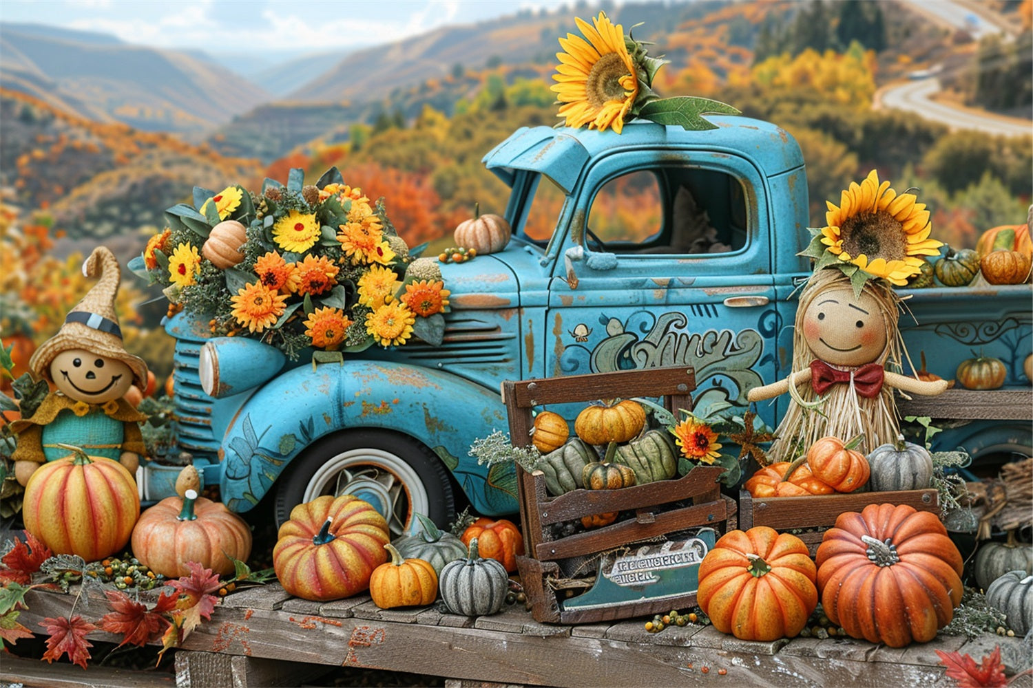 Autumn Harvest Scene Truck Pumpkins Backdrop UK BRP9-170