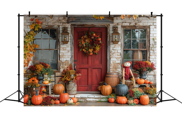 Autumn Porch Red Door Pumpkins Decor Backdrop UK BRP9-172