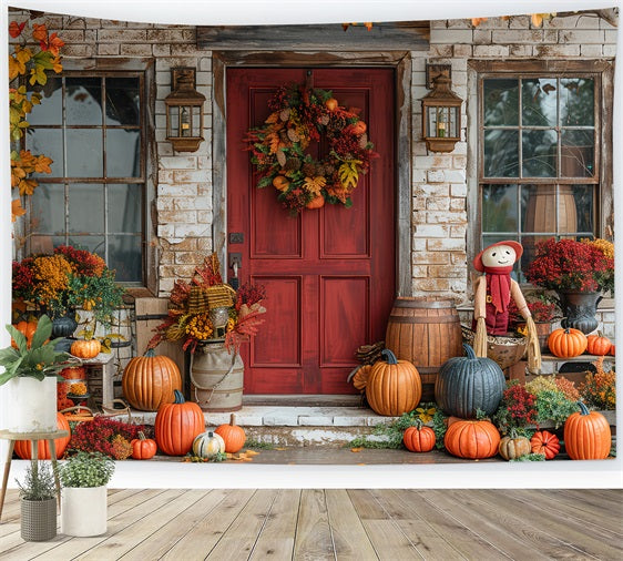 Autumn Porch Red Door Pumpkins Decor Backdrop UK BRP9-172