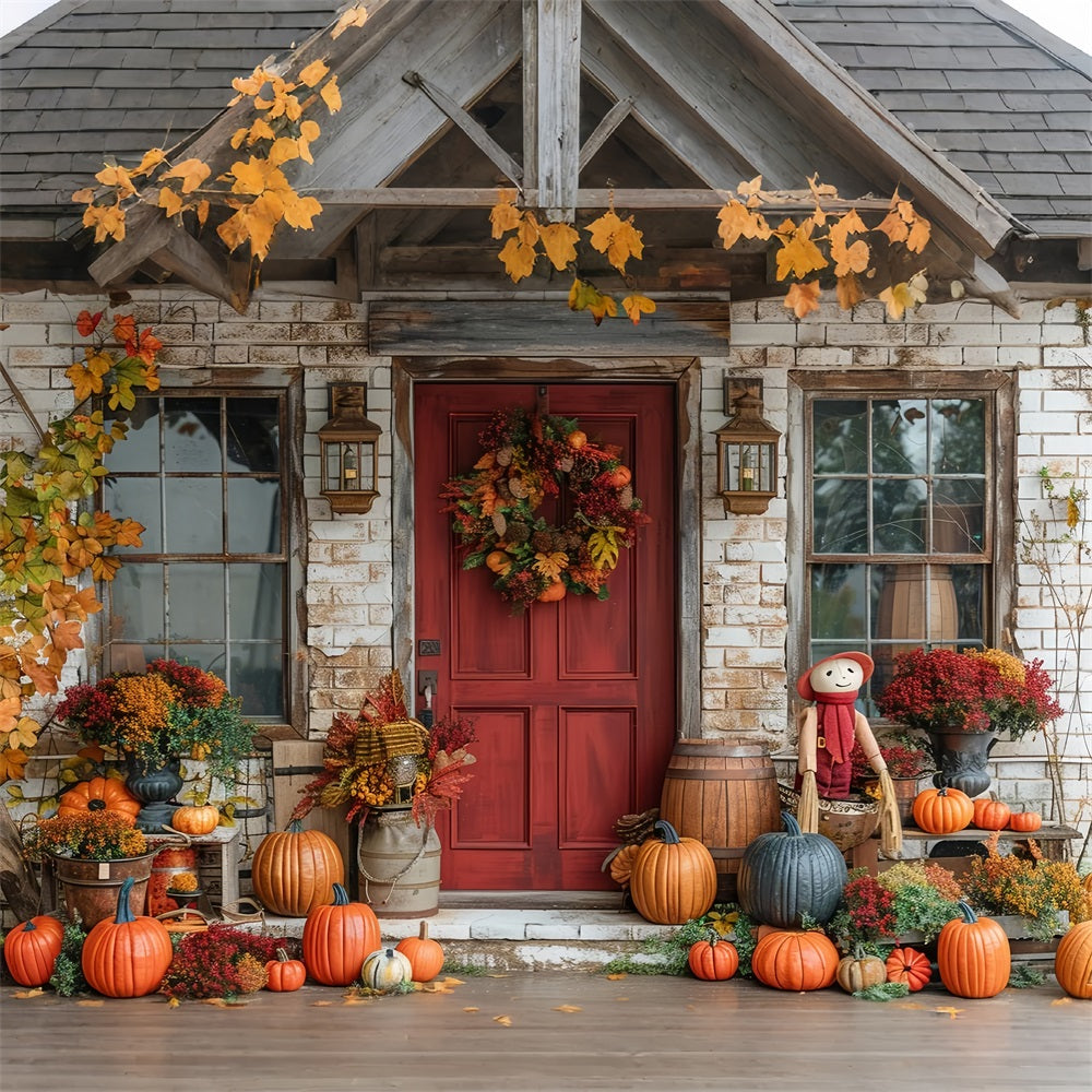 Autumn Porch Red Door Pumpkins Decor Backdrop UK BRP9-172