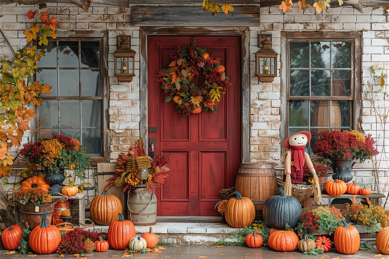 Autumn Porch Red Door Pumpkins Decor Backdrop UK BRP9-172