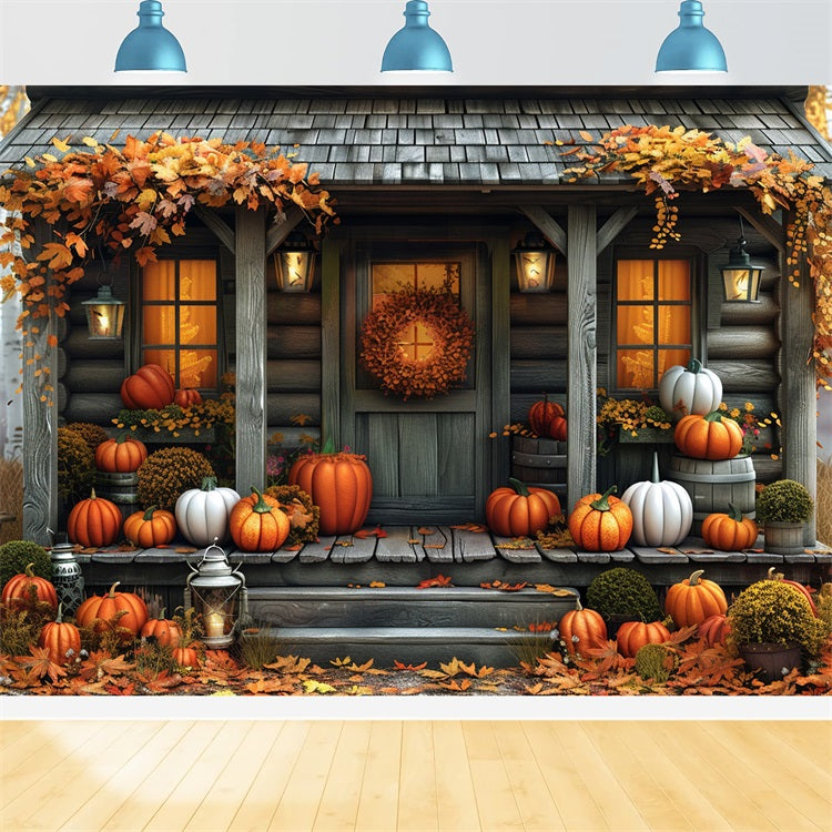 Fall Cabin Pumpkins Autumn Leaves Backdrop UK BRP9-174