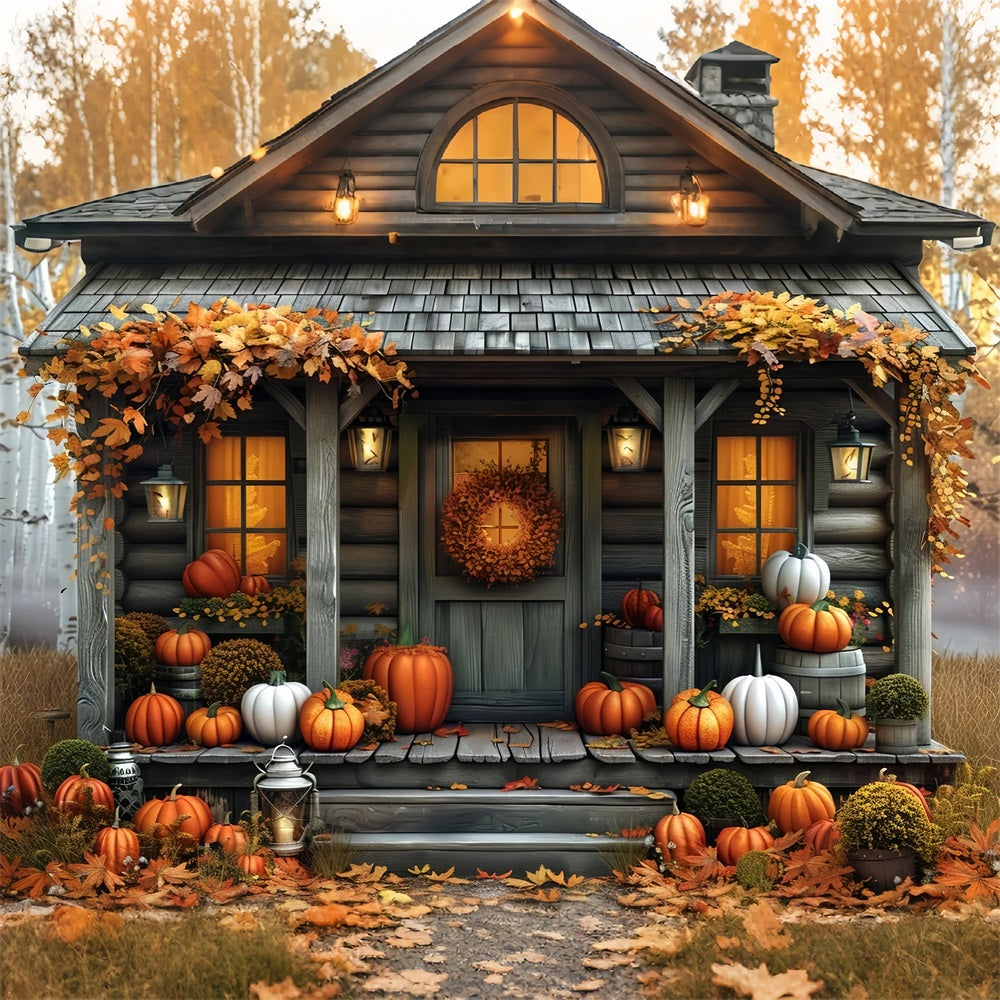 Fall Cabin Pumpkins Autumn Leaves Backdrop UK BRP9-174