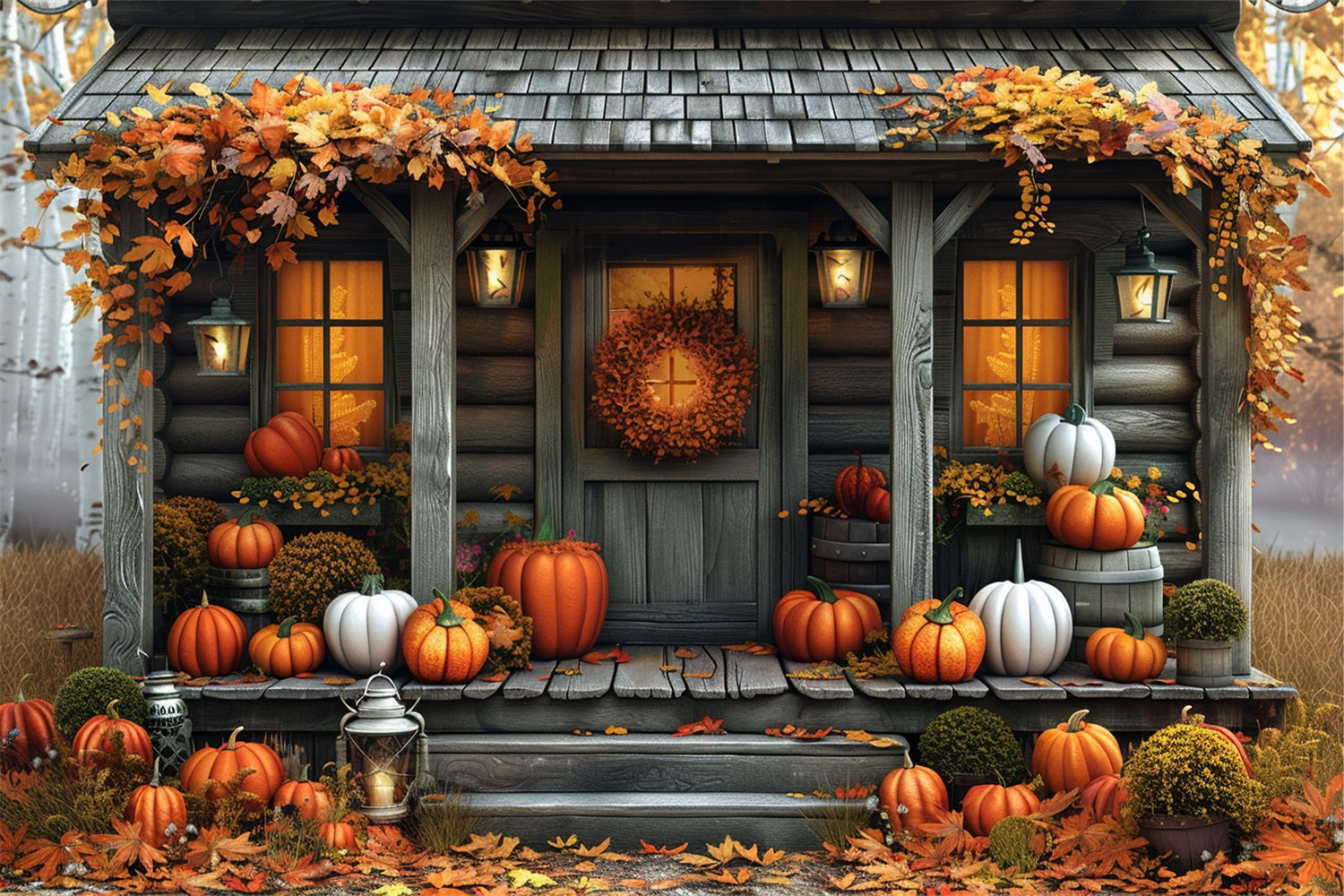 Fall Cabin Pumpkins Autumn Leaves Backdrop UK BRP9-174