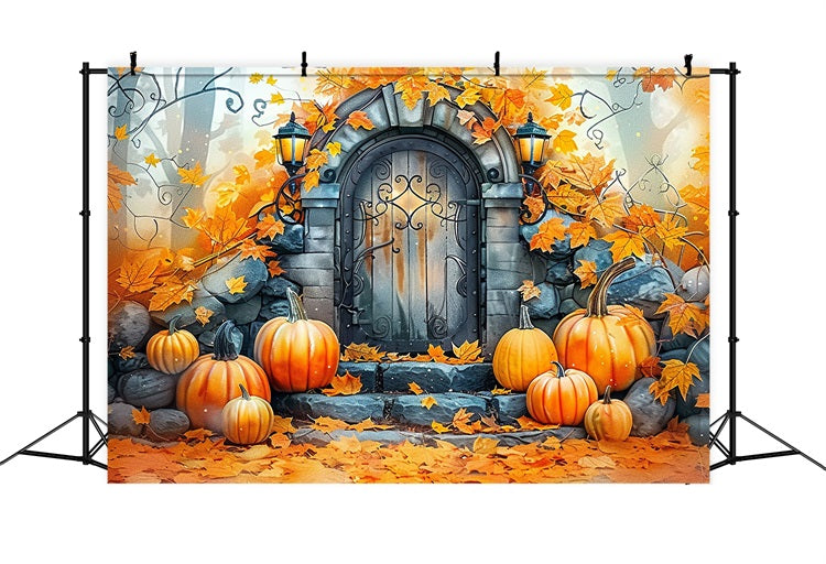 Charming Stone Door Pumpkins Fall Leaves Backdrop UK BRP9-175