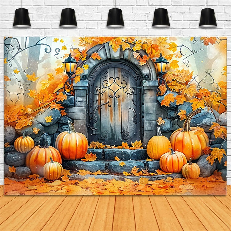 Charming Stone Door Pumpkins Fall Leaves Backdrop UK BRP9-175