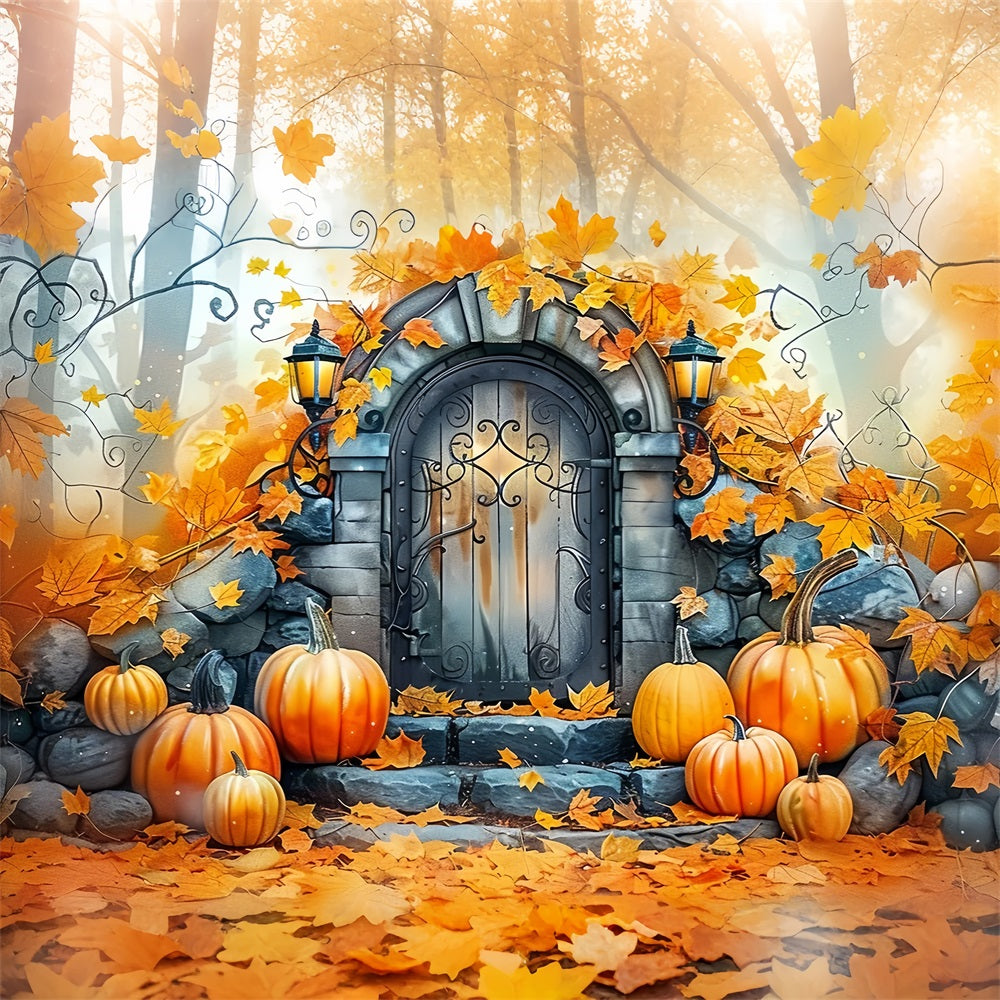 Charming Stone Door Pumpkins Fall Leaves Backdrop UK BRP9-175