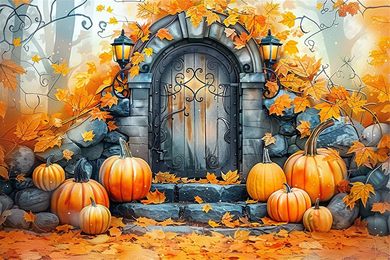 Charming Stone Door Pumpkins Fall Leaves Backdrop UK BRP9-175