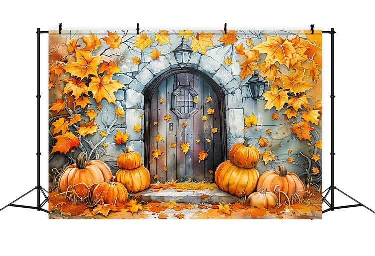 Stone Door Pumpkins Golden Autumn Leaves Backdrop UK BRP9-176