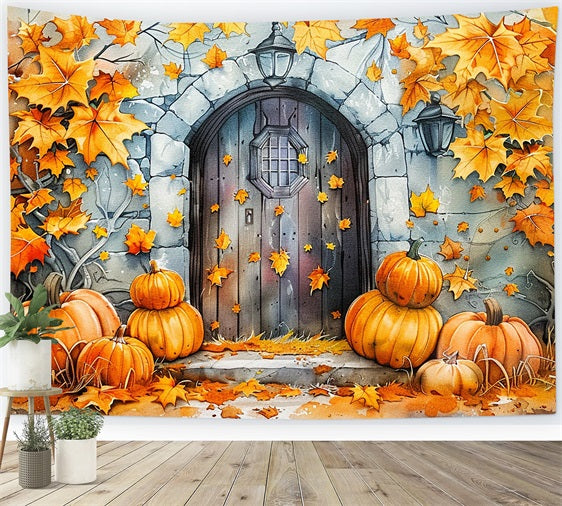 Stone Door Pumpkins Golden Autumn Leaves Backdrop UK BRP9-176