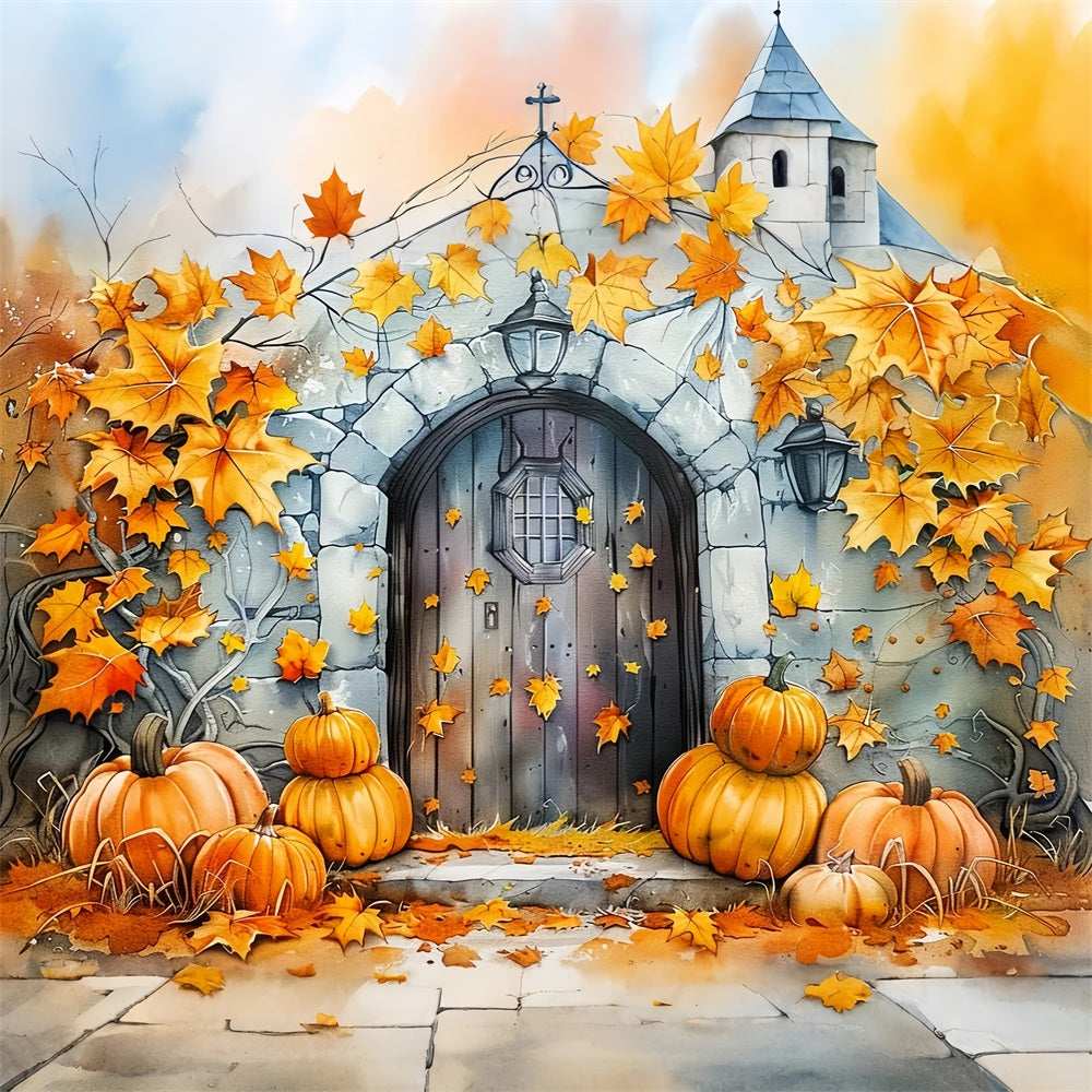 Stone Door Pumpkins Golden Autumn Leaves Backdrop UK BRP9-176