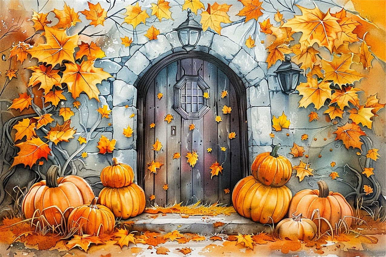 Stone Door Pumpkins Golden Autumn Leaves Backdrop UK BRP9-176