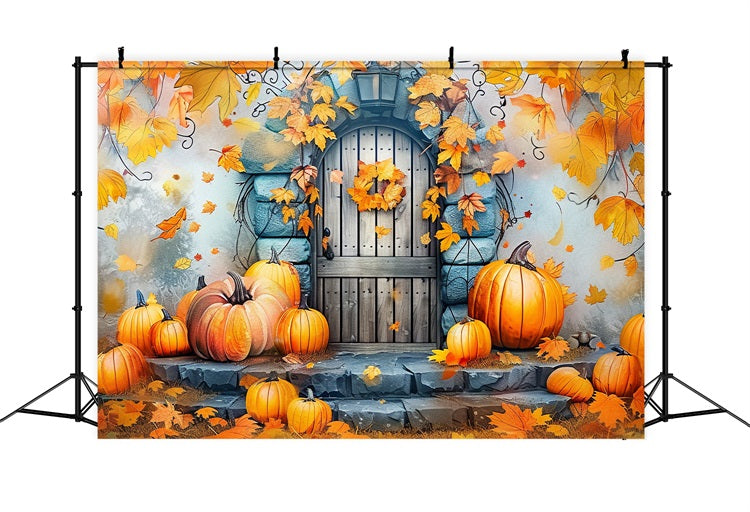 Fall Stone Door Decorated Pumpkins Leaves Backdrop UK BRP9-177