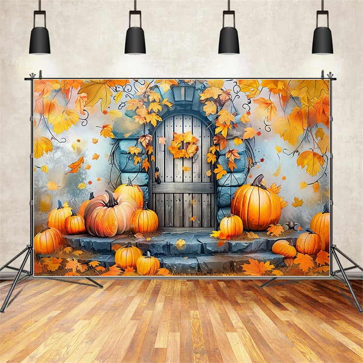 Fall Stone Door Decorated Pumpkins Leaves Backdrop UK BRP9-177