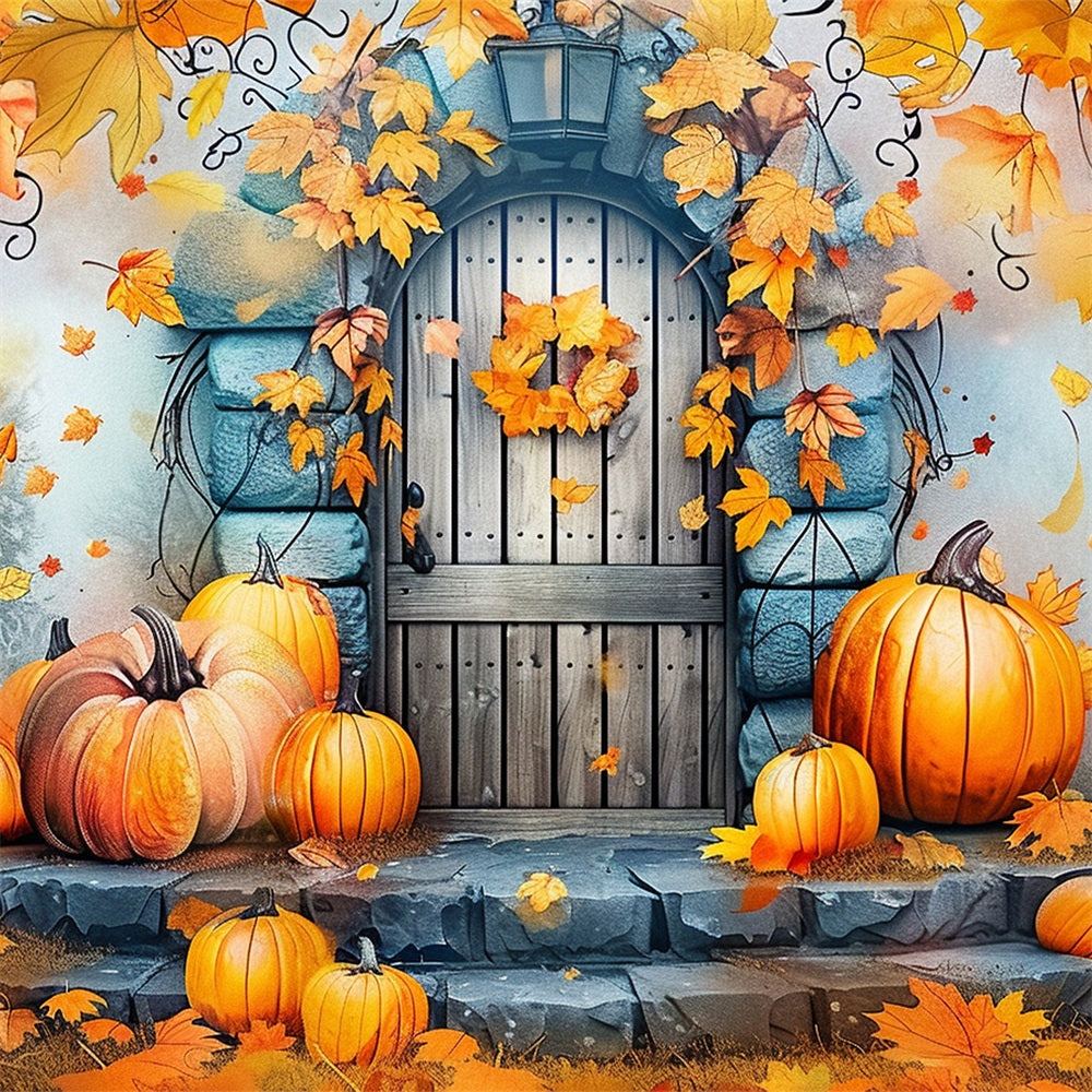 Fall Stone Door Decorated Pumpkins Leaves Backdrop UK BRP9-177