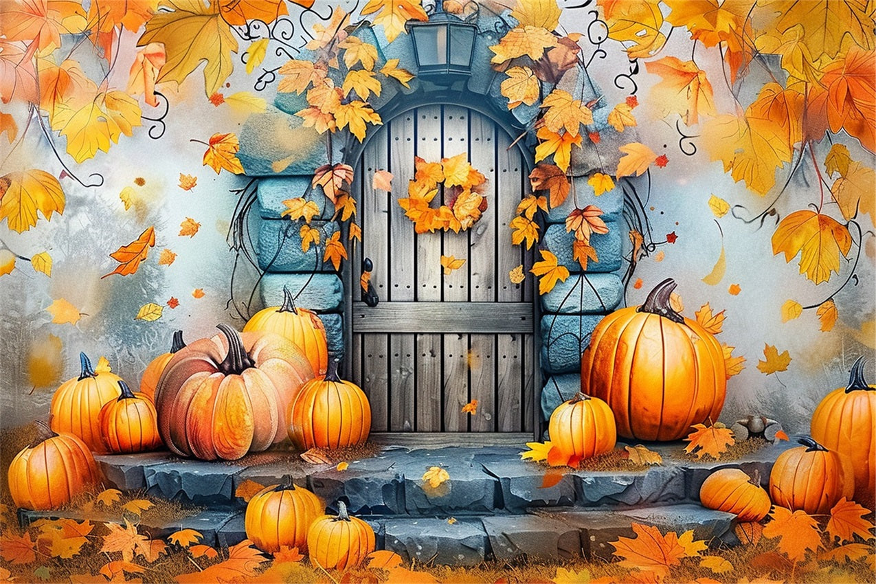 Fall Stone Door Decorated Pumpkins Leaves Backdrop UK BRP9-177