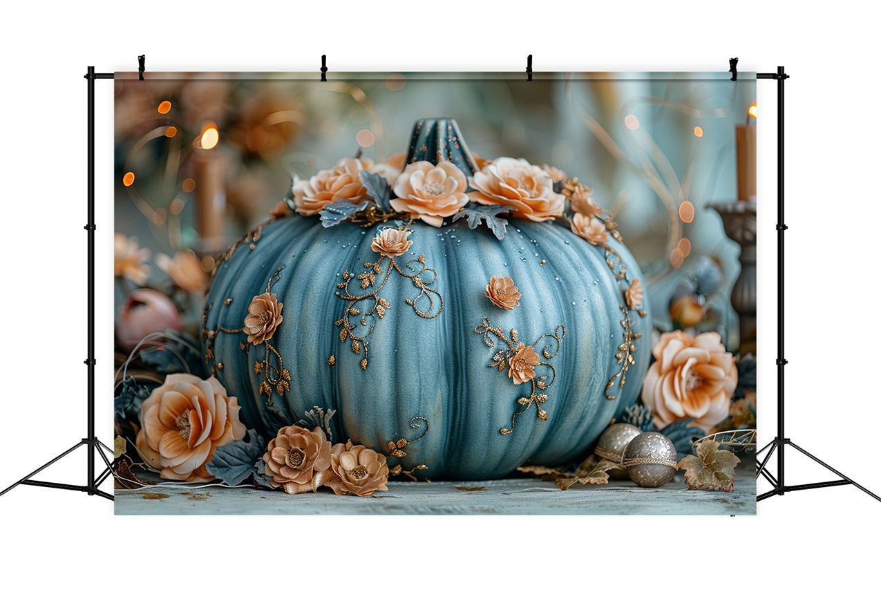 Charming Floral Decorated Blue Pumpkin Fall Backdrop UK BRP9-178