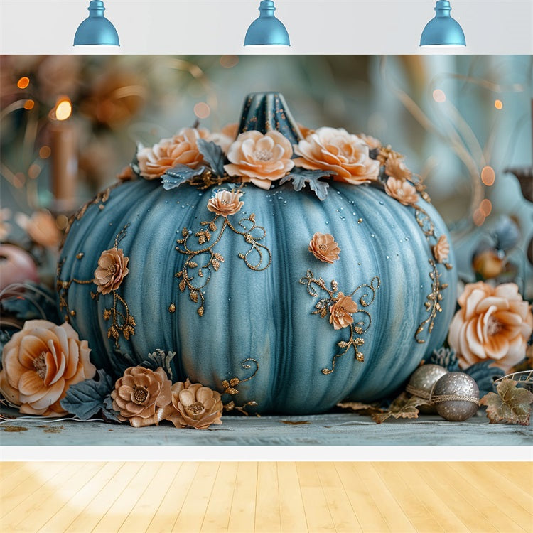 Charming Floral Decorated Blue Pumpkin Fall Backdrop UK BRP9-178