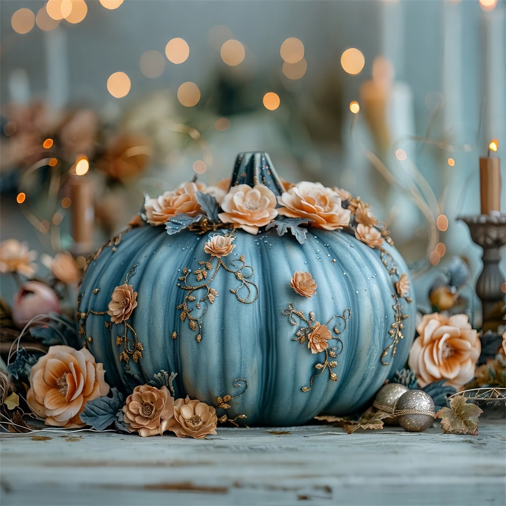 Charming Floral Decorated Blue Pumpkin Fall Backdrop UK BRP9-178