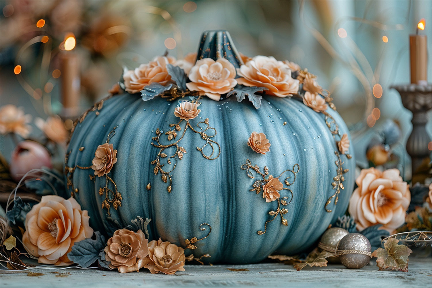 Charming Floral Decorated Blue Pumpkin Fall Backdrop UK BRP9-178