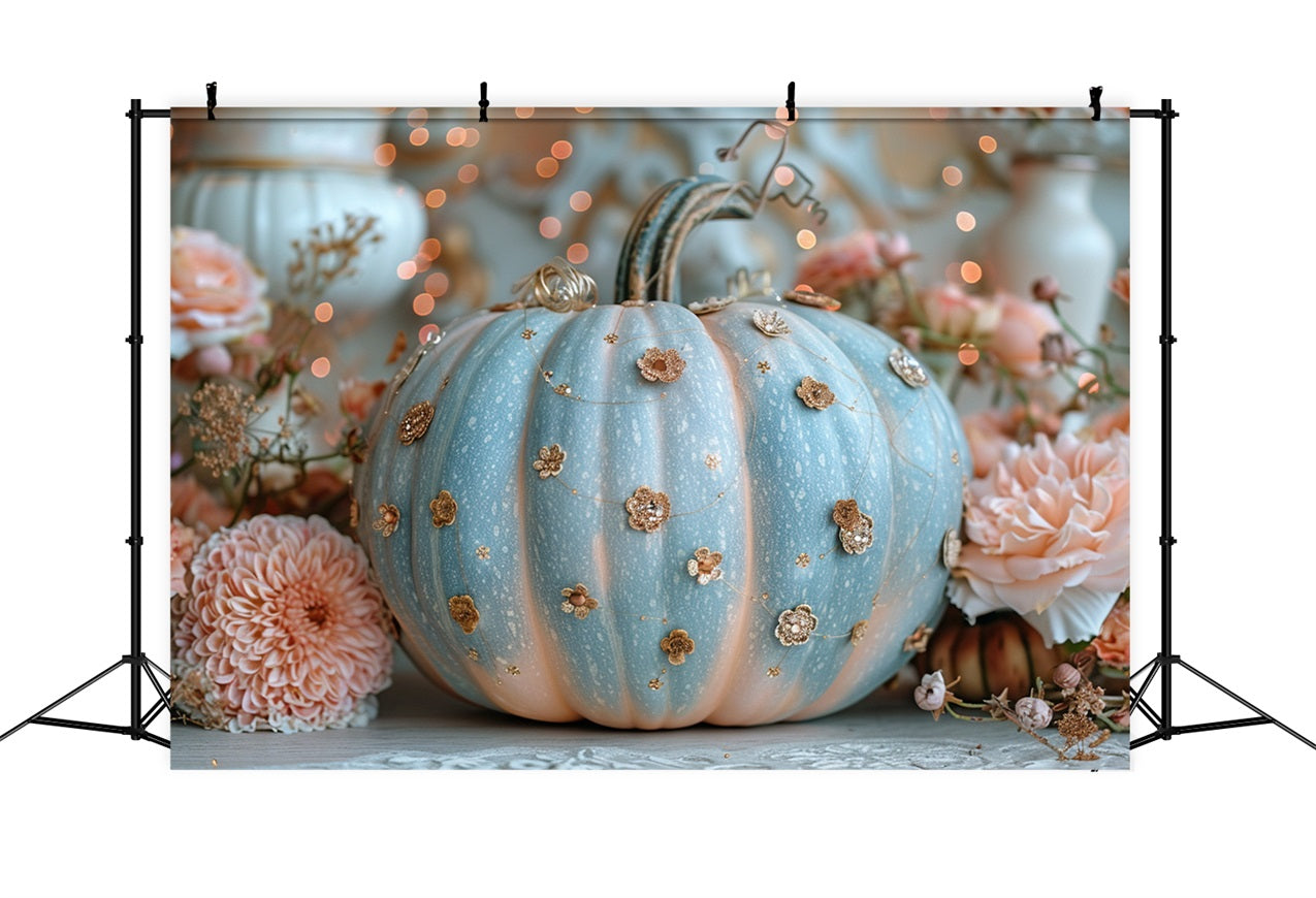 Delicate Blue Pumpkin Glitter Floral Accents Backdrop UK BRP9-180