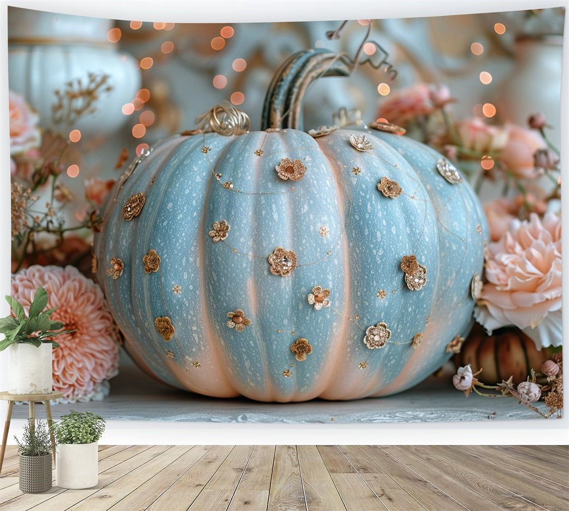 Delicate Blue Pumpkin Glitter Floral Accents Backdrop UK BRP9-180