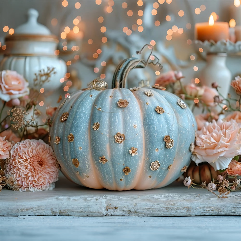 Delicate Blue Pumpkin Glitter Floral Accents Backdrop UK BRP9-180