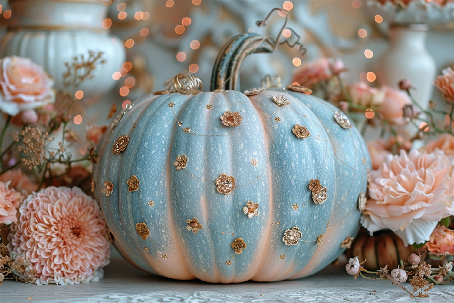 Delicate Blue Pumpkin Glitter Floral Accents Backdrop UK BRP9-180