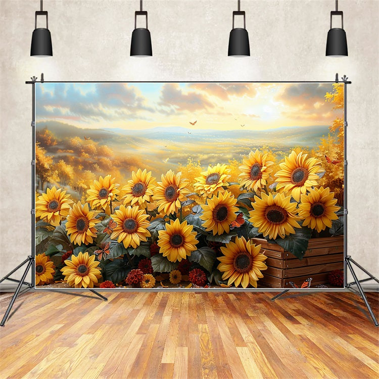 Golden Sunflower Field Autumn Sunset Glow Backdrop UK BRP9-181