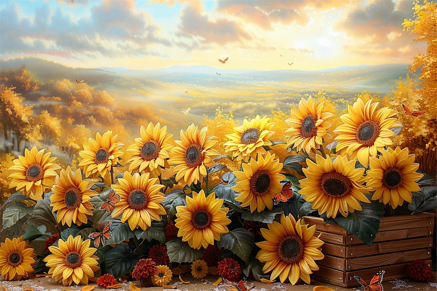 Golden Sunflower Field Autumn Sunset Glow Backdrop UK BRP9-181