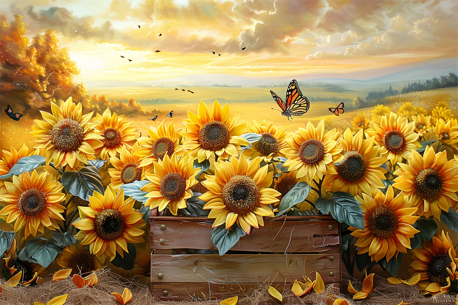 Sunflower Garden Autumn Light Butterflies Backdrop UK BRP9-182