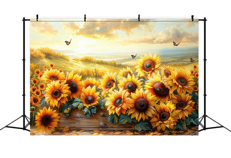 Golden Sunflowers Floating Butterflies Sunset Sky Backdrop UK BRP9-183